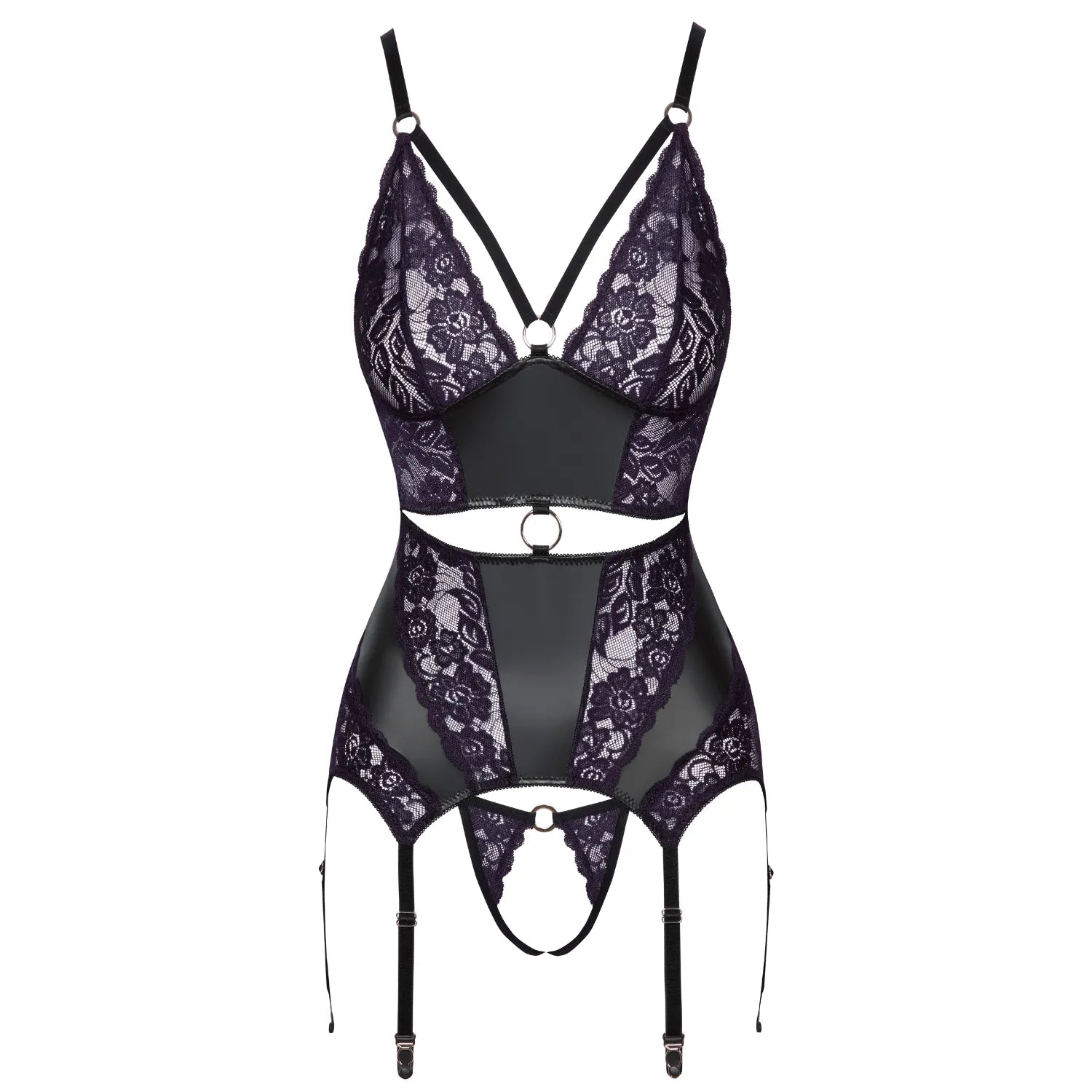 Ensemble lingerie noir dentelle violette, guêpière porte-jarretelles et string ouvert, coupe ajustée et élégante.