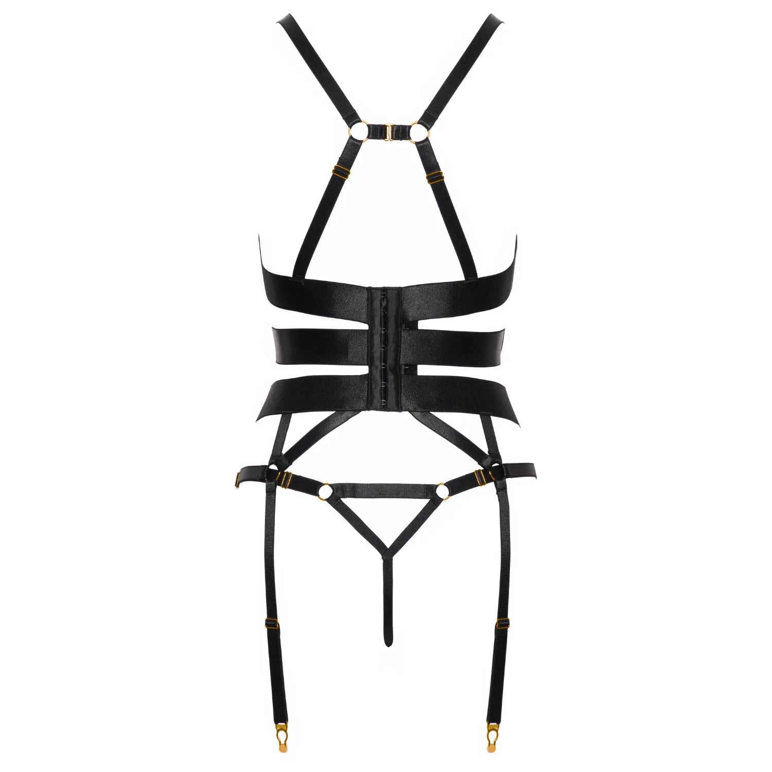 Ensemble lingerie noir doré Cottelli avec harnais, jarretelles et string ouvert, détails dorés et sangles satinées.