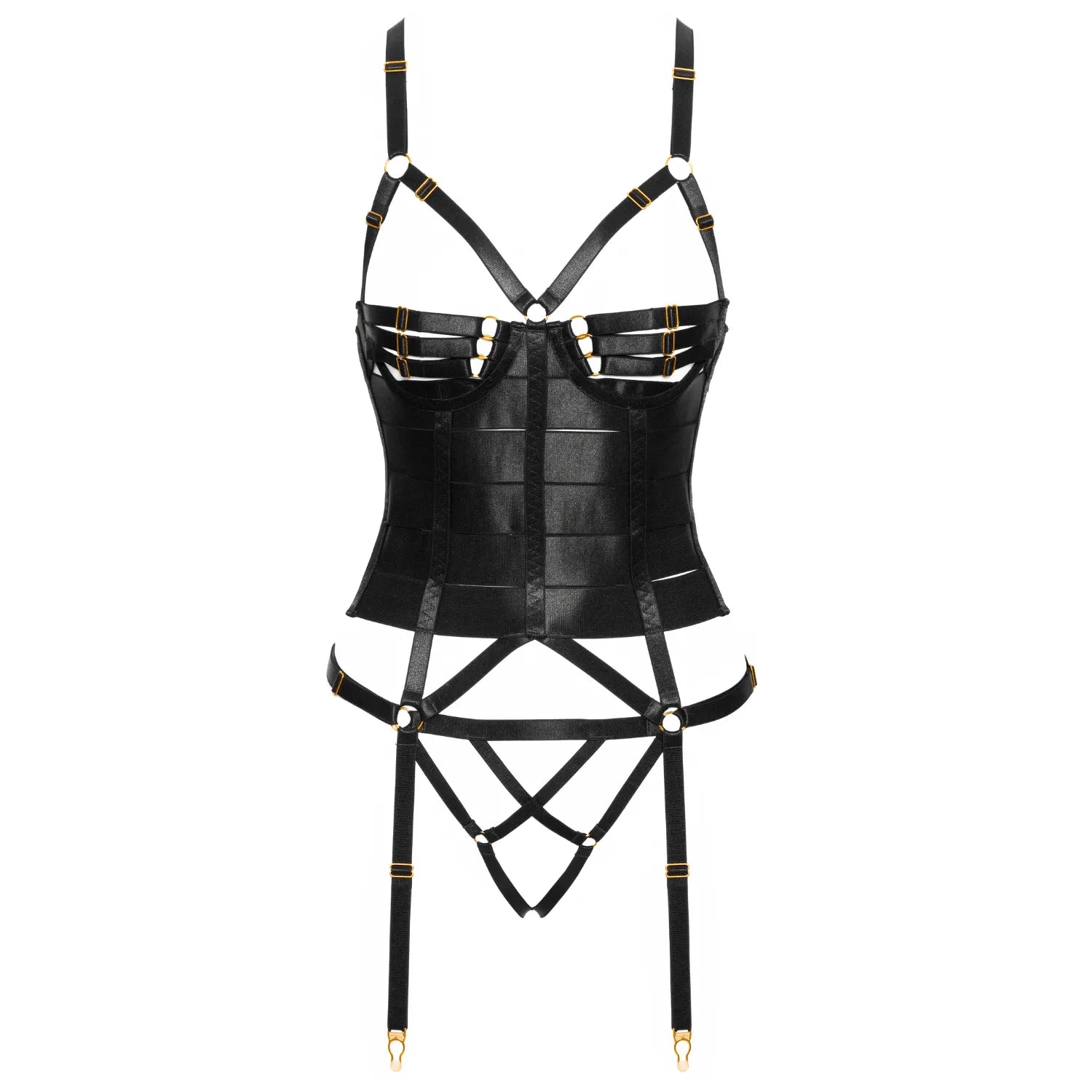 Ensemble lingerie harnais noir doré Cottelli avec jarretelles et string ouvert, design audacieux et détails dorés.