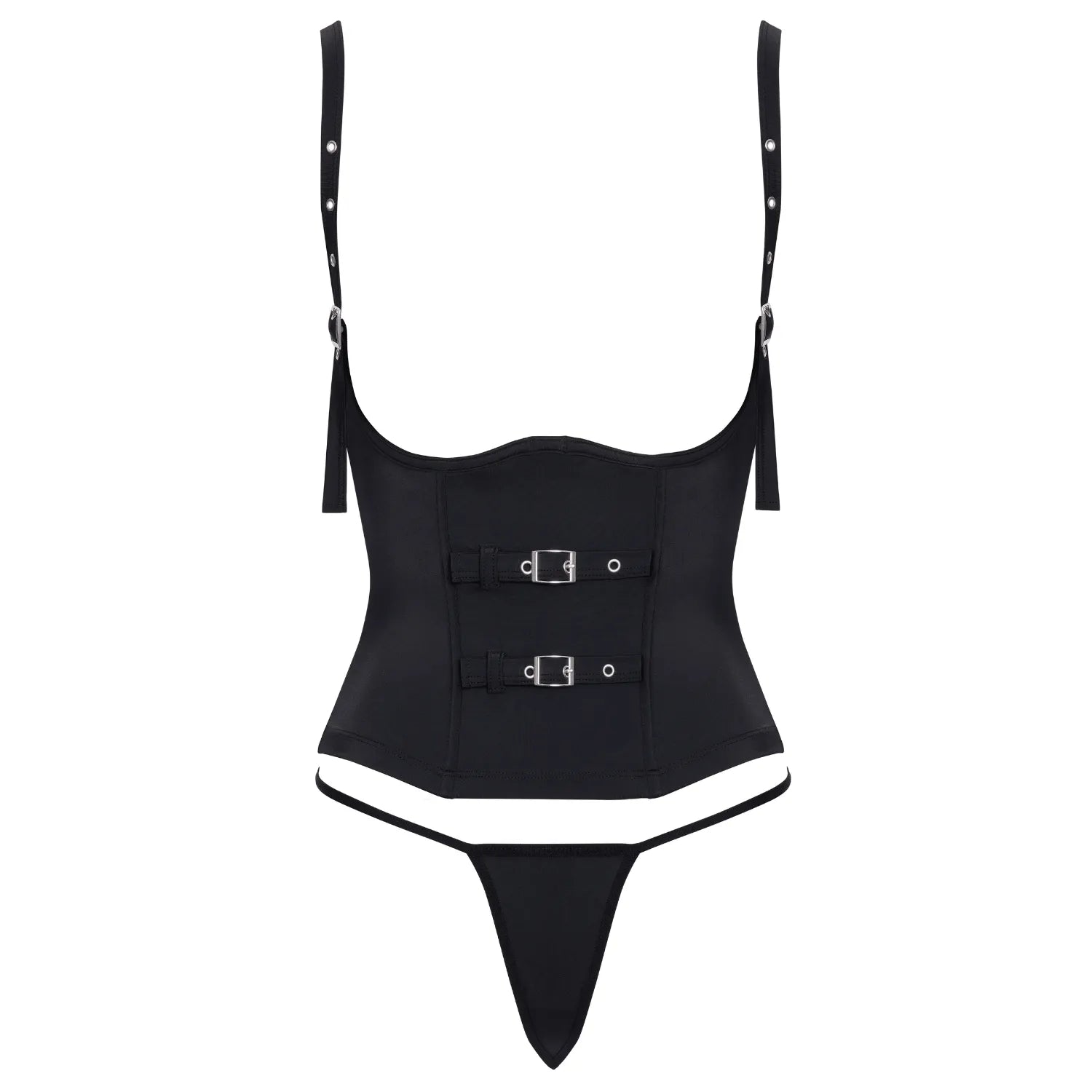 Ensemble lingerie noir Cottelli PARTY avec corset à armatures et string, design moderne et élégant.