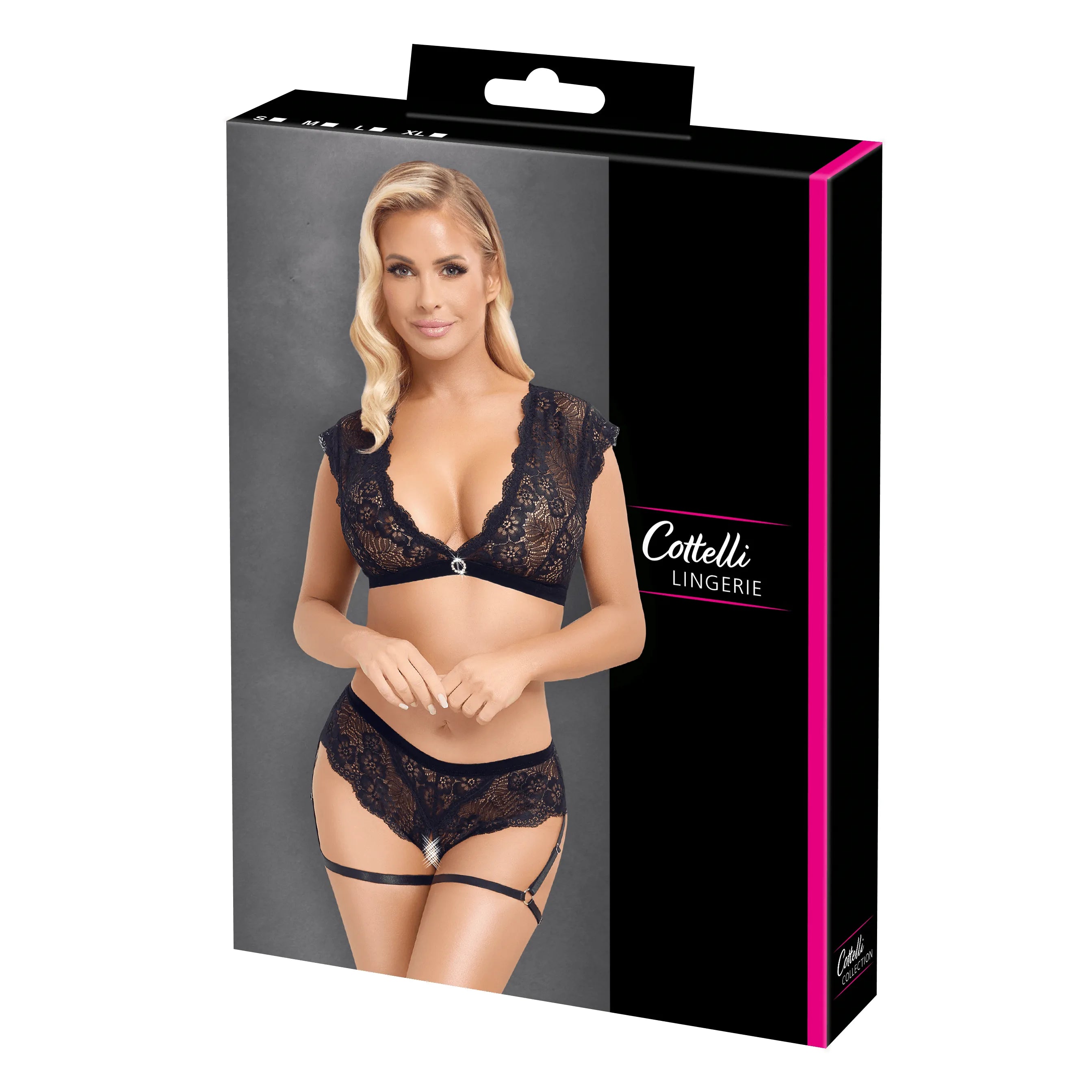 Ensemble lingerie dentelle noire Cottelli avec manches courtes et culotte ouverte, dentelle florale élégante et séduisante.