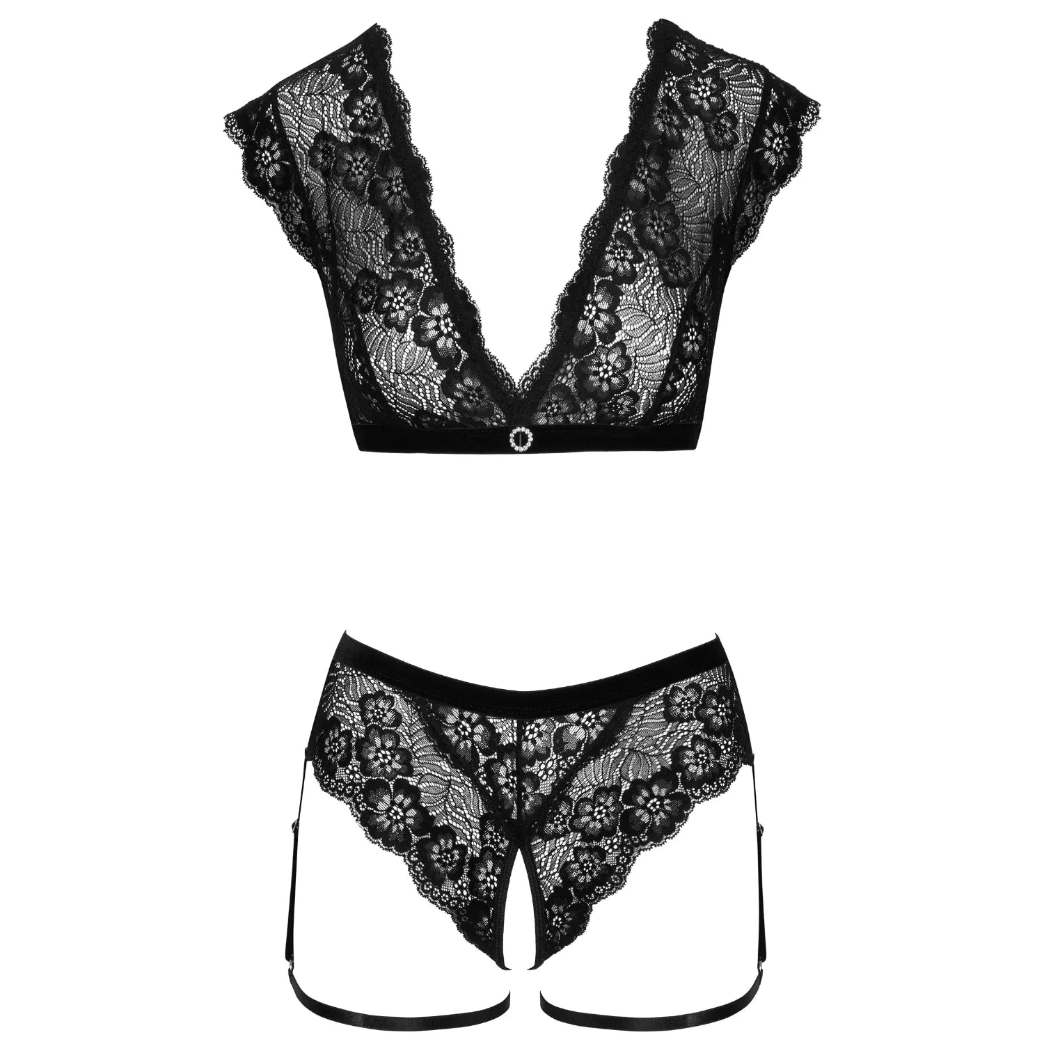 Ensemble lingerie dentelle noire manches courtes, culotte ouverte, design floral élégant, séduisant et sophistiqué.