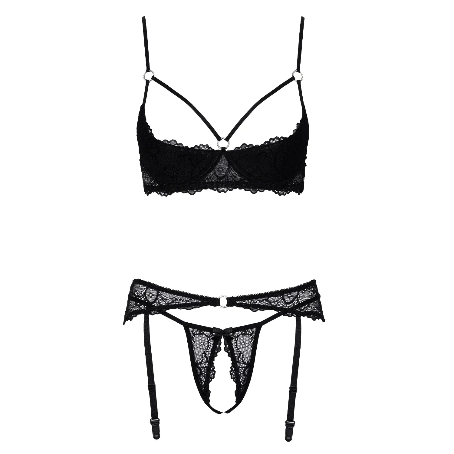 Ensemble lingerie 3 pièces dentelle noire Cottelli avec soutien-gorge balconnet, porte-jarretelles et culotte sensuelle.