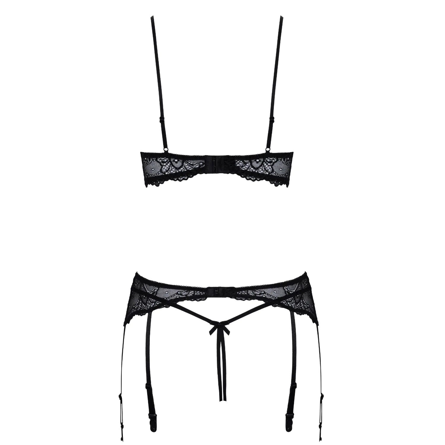 Ensemble lingerie dentelle noire Cottelli, soutien-gorge balconnet, porte-jarretelles, culotte, design sensuel et élégant.