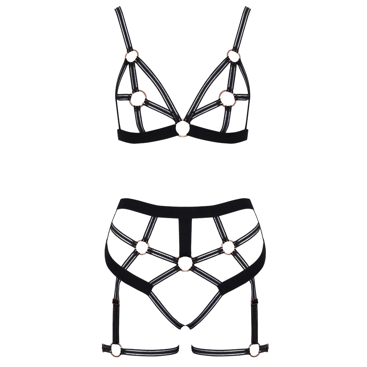 Ensemble lingerie harnais noir et or rose Cottelli, design ouvert avec anneaux, moderne et élégant pour moments intimes.