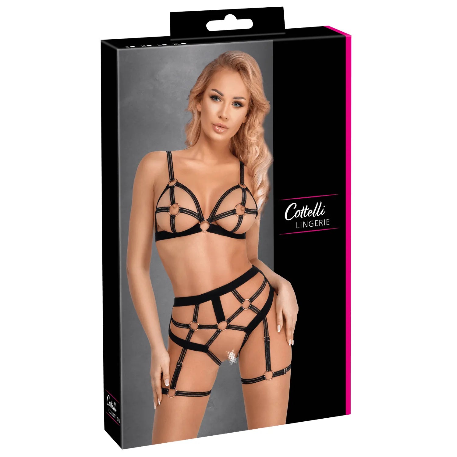 Ensemble lingerie harnais noir or rose Cottelli, design moderne et audacieux, sublimant la silhouette féminine.