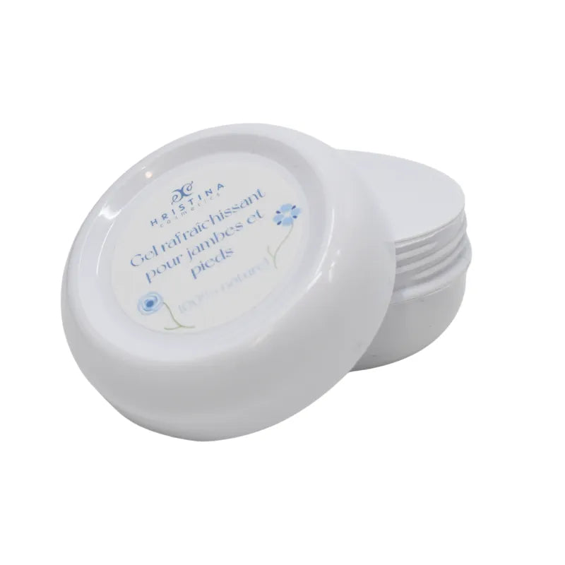 Gel cryothérapie jambes lourdes, pot blanc 50ml, arnica, menthe poivrée, soulagement naturel, effet fraîcheur immédiat.