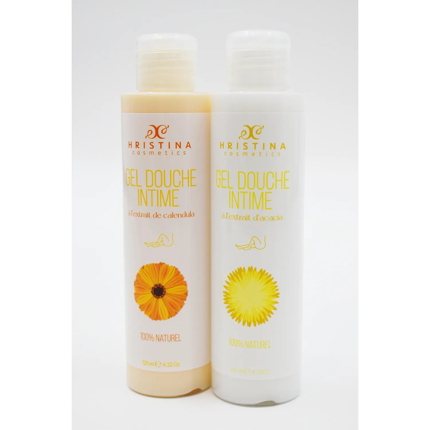 Flacon de gel douche intime 125ml, étiquette blanche et verte, extrait d'acacia, formule naturelle pour peaux sensibles.