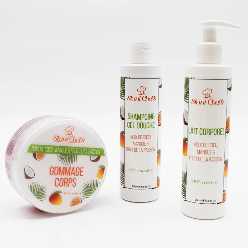 Gel douche 2en1 coco mangue passion 250ml, flacon blanc avec bouchon, étiquette colorée, formule naturelle hydratante.