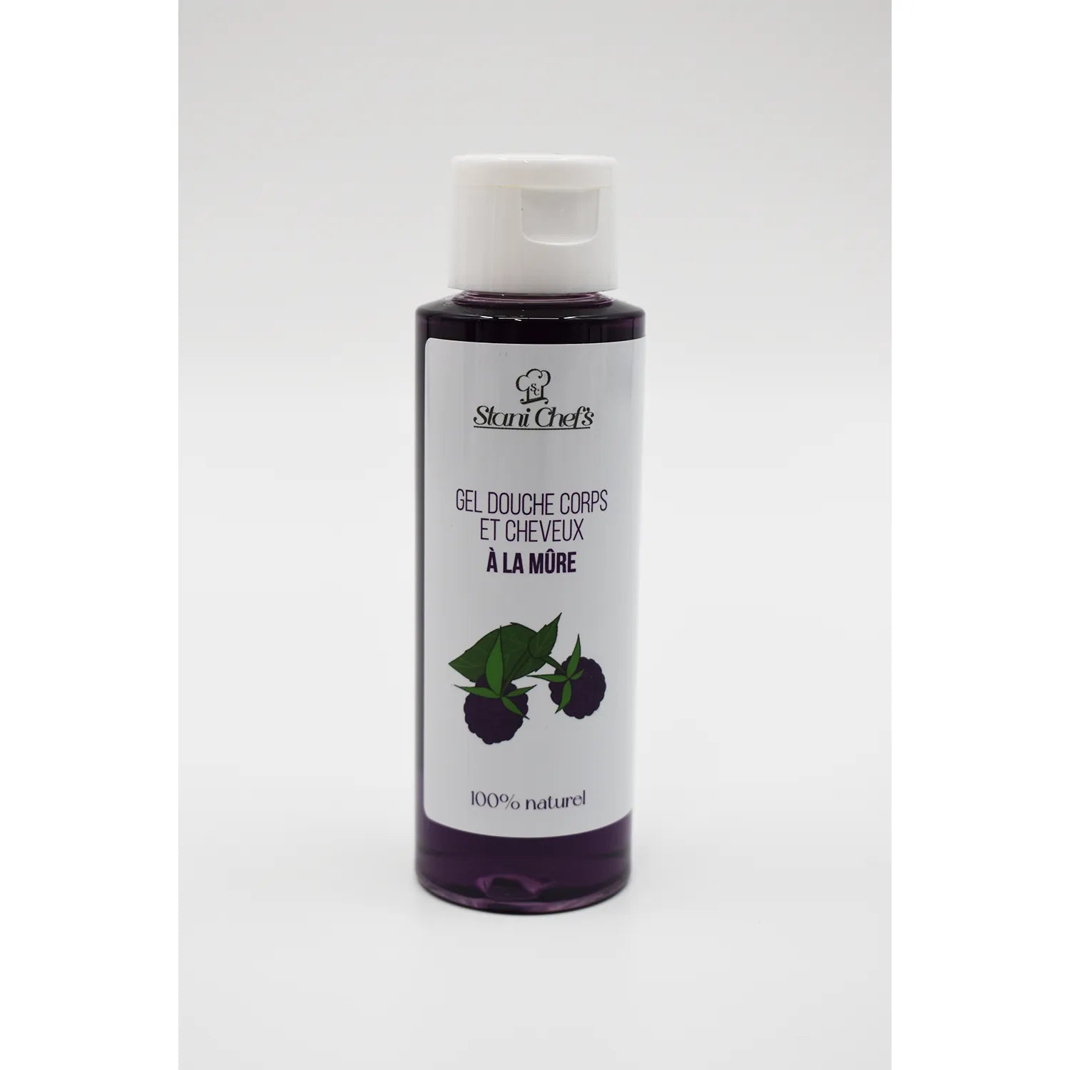 Gel douche 2 en 1 mûre, flacon 100ml violet, bouchon blanc, étiquette avec mûres, 100% naturel, format voyage.