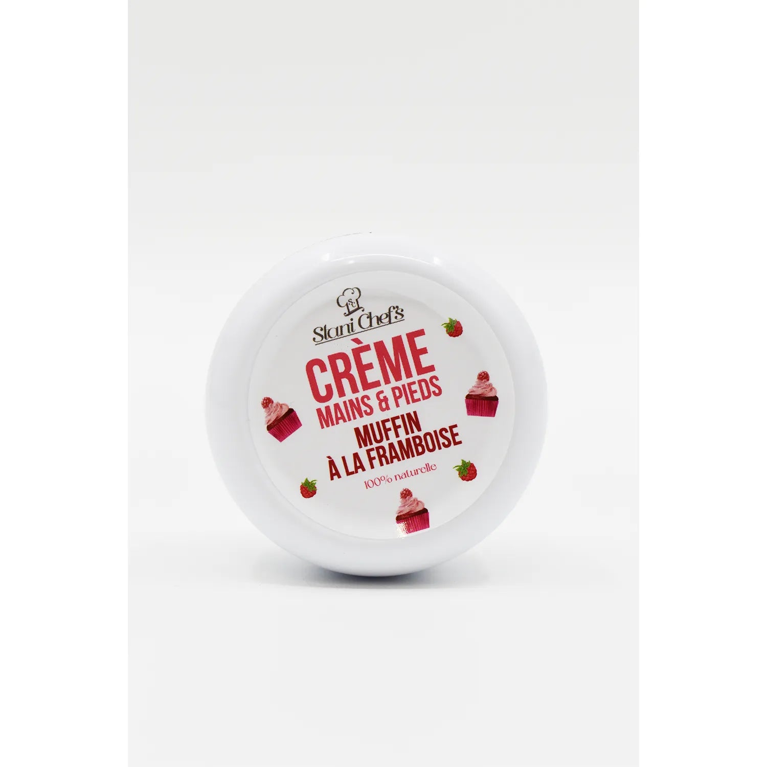 Crème hydratante mains pieds, pot blanc 50ml, design muffin framboise, 100% naturelle, format voyage.