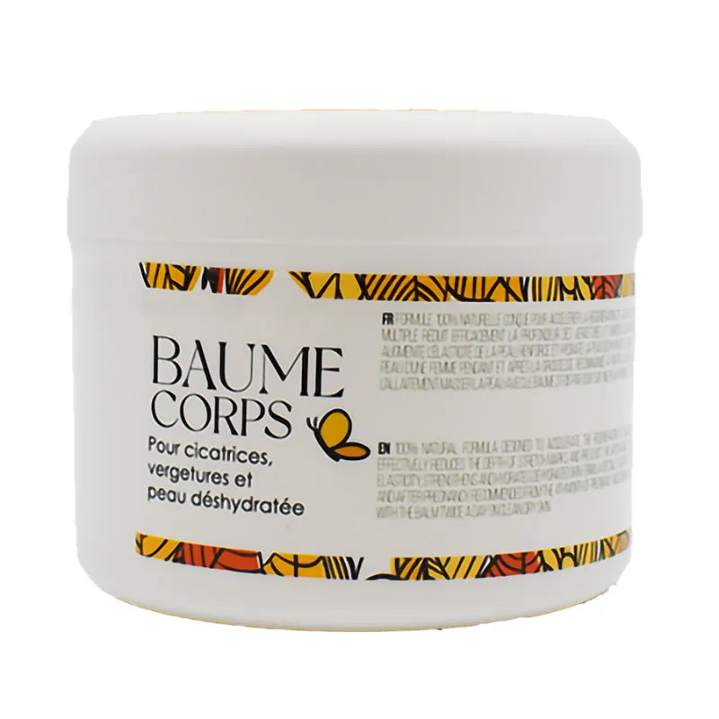 Pot blanc de baume réparateur 250ml, étiquette colorée, pour cicatrices et vergetures, soin naturel hydratant.