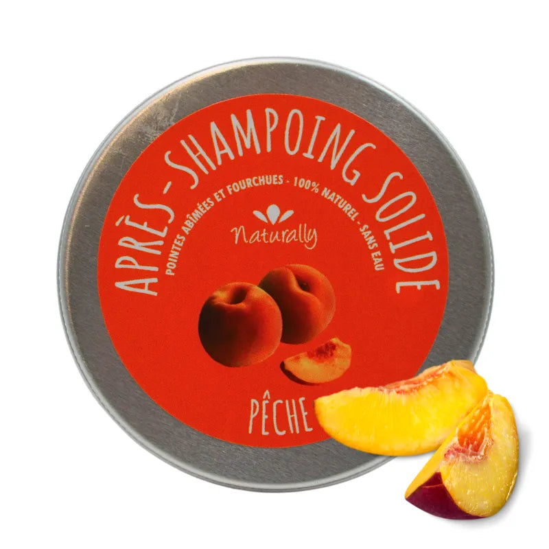 Après-shampoing solide pêche 50g, boîte ronde orange avec illustration de pêches, soin naturel cheveux abîmés.