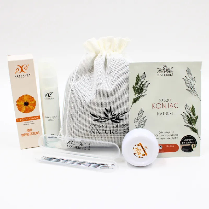 Coffret soin visage anti-imperfections avec gommage aux noyaux de pêche, masque Konjac, et accessoires beauté.