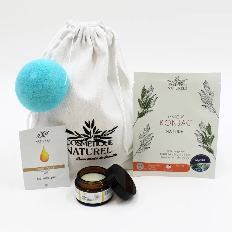 Coffret découverte visage pour peau sensible avec pommade camomille, masque konjac, et accessoires soins naturels.