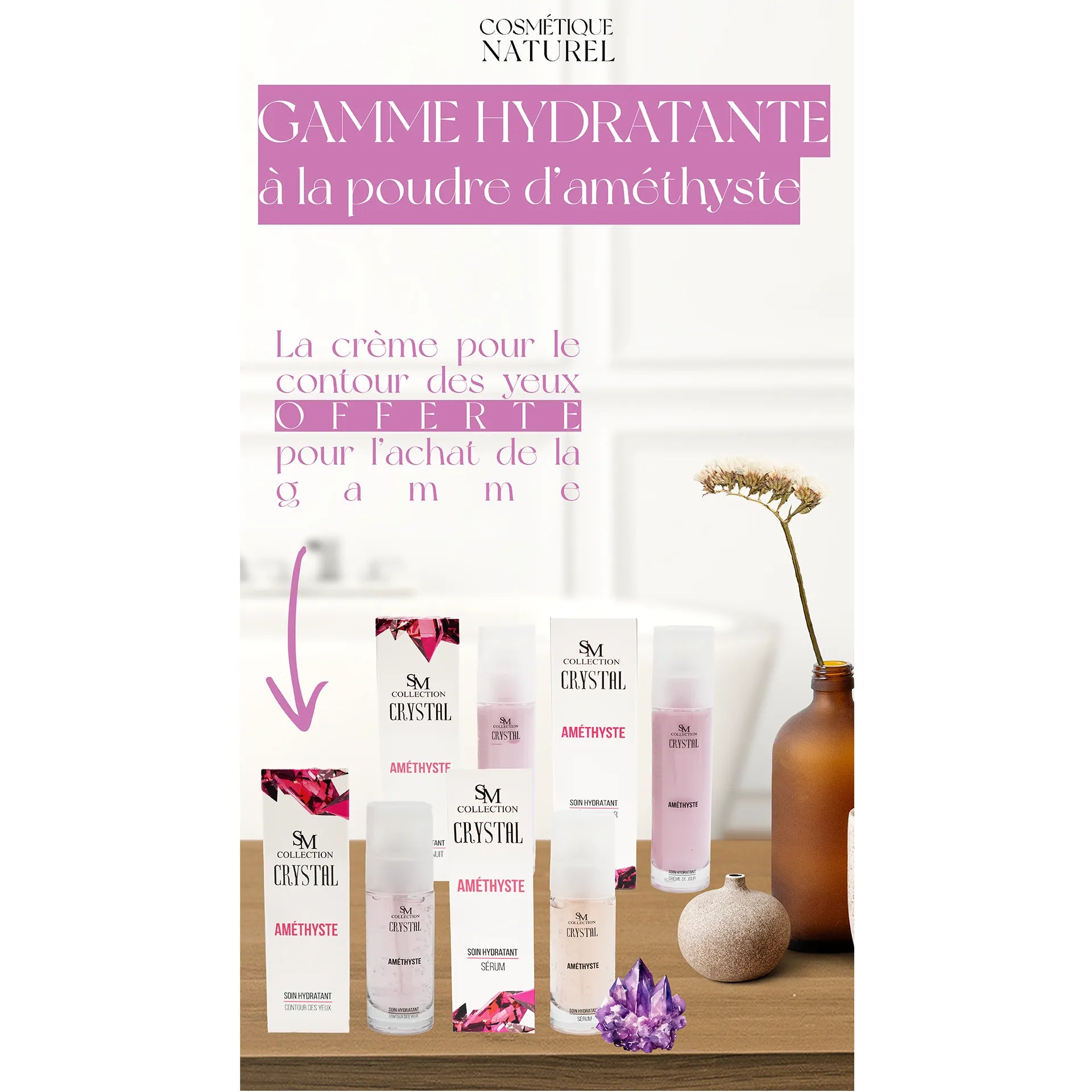 Gamme complète hydratante améthyste peau sèche sensible eczéma psoriasis lithothérapie