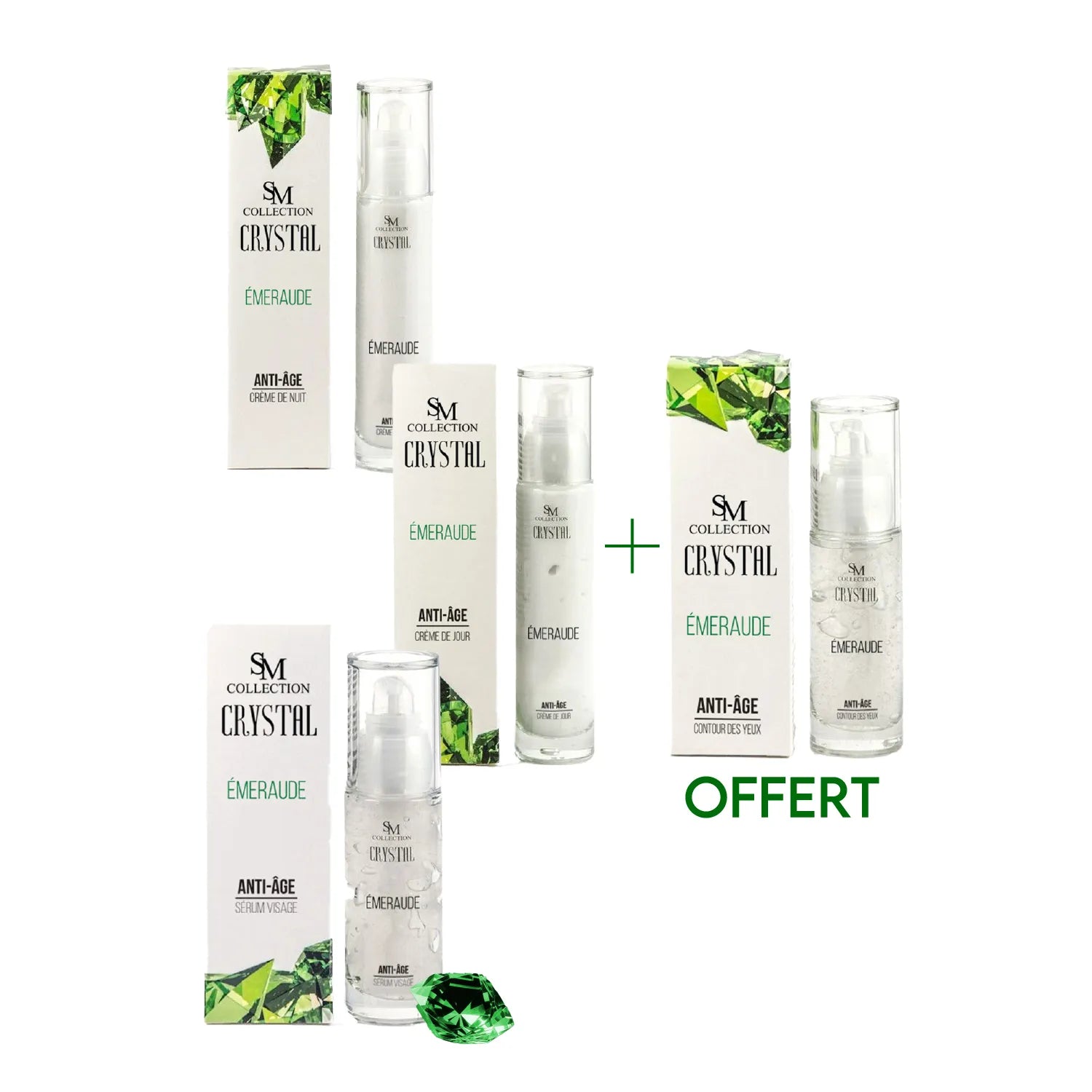 Gamme anti-âge émeraude, flacons transparents, packaging vert et blanc, crème contour des yeux offerte.