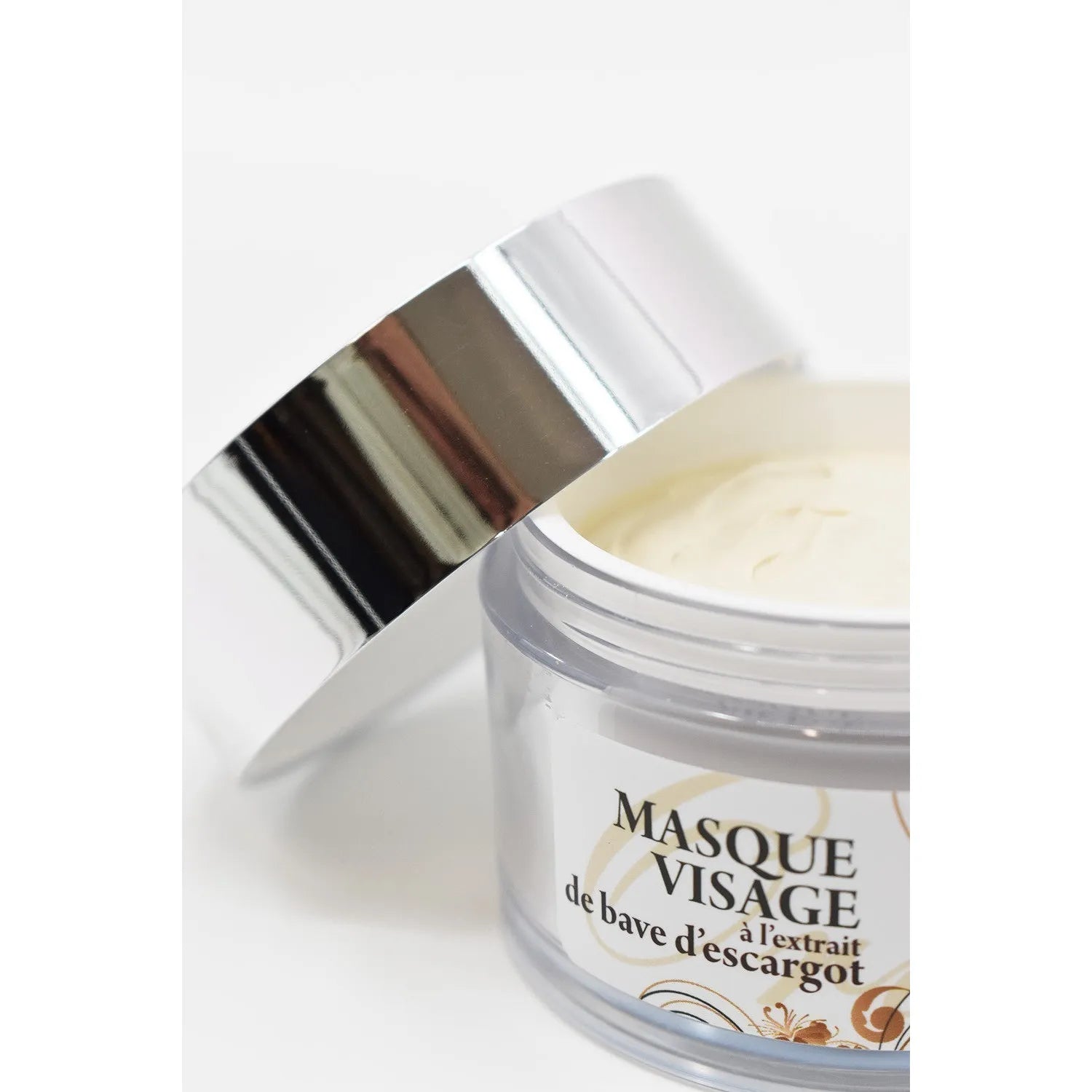 Pot de crème hydratante anti-âge à la bave d'escargot, couvercle argenté, pour peau mature, soin naturel.