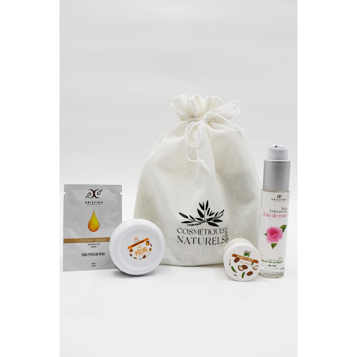 Coffret découverte visage avec eau florale de rose et beurre de karité, produits naturels pour tous types de peau.