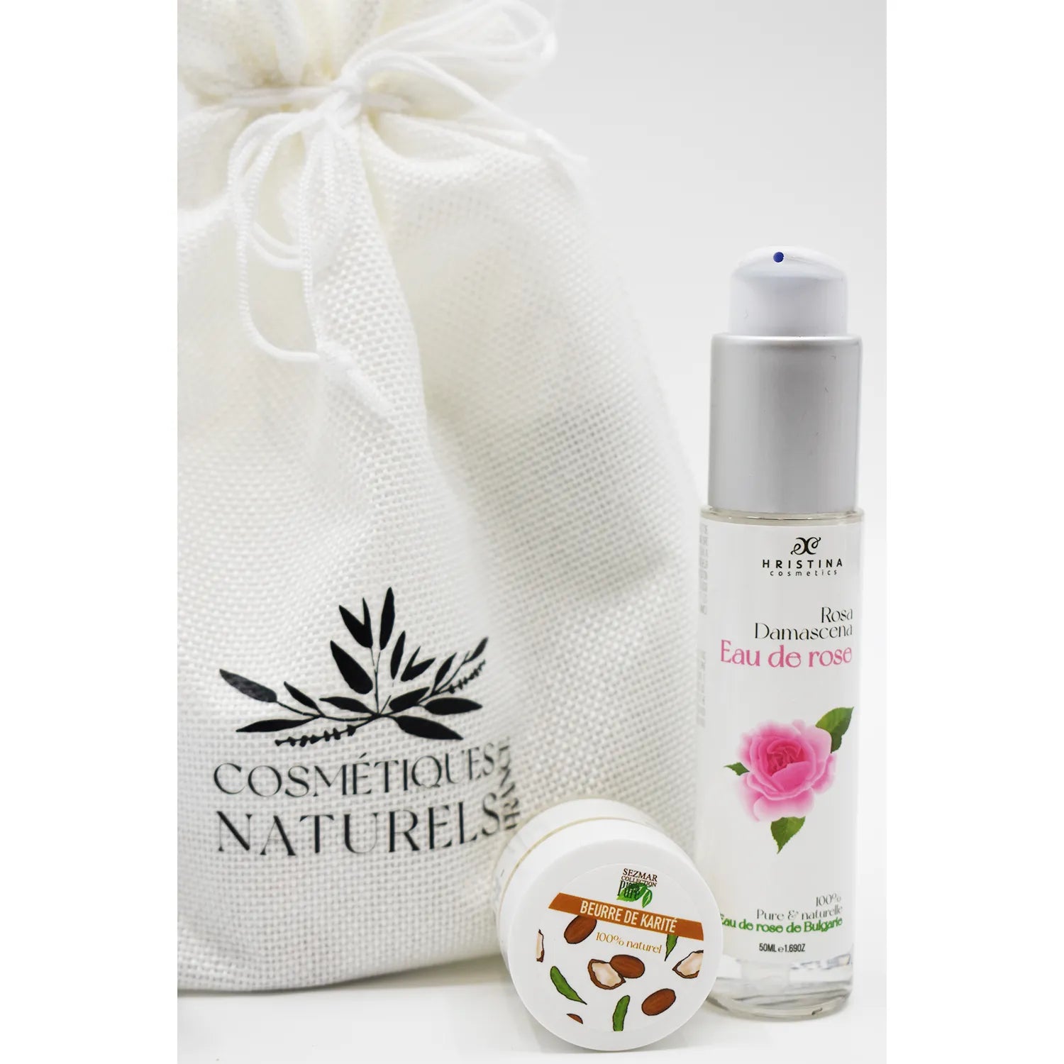Coffret visage avec eau florale de rose et beurre de karité, emballage naturel, soins peau tout type.