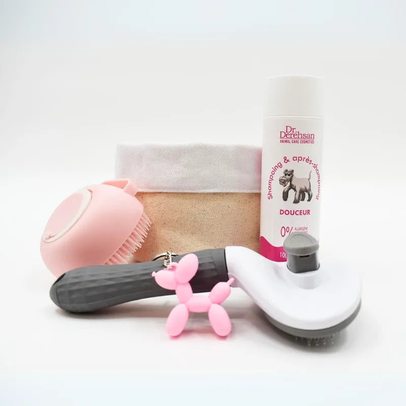 Box pour chien avec shampoing, brosses, porte-clé rose et panière en tissu beige, idéal pour soins canins personnalisés.