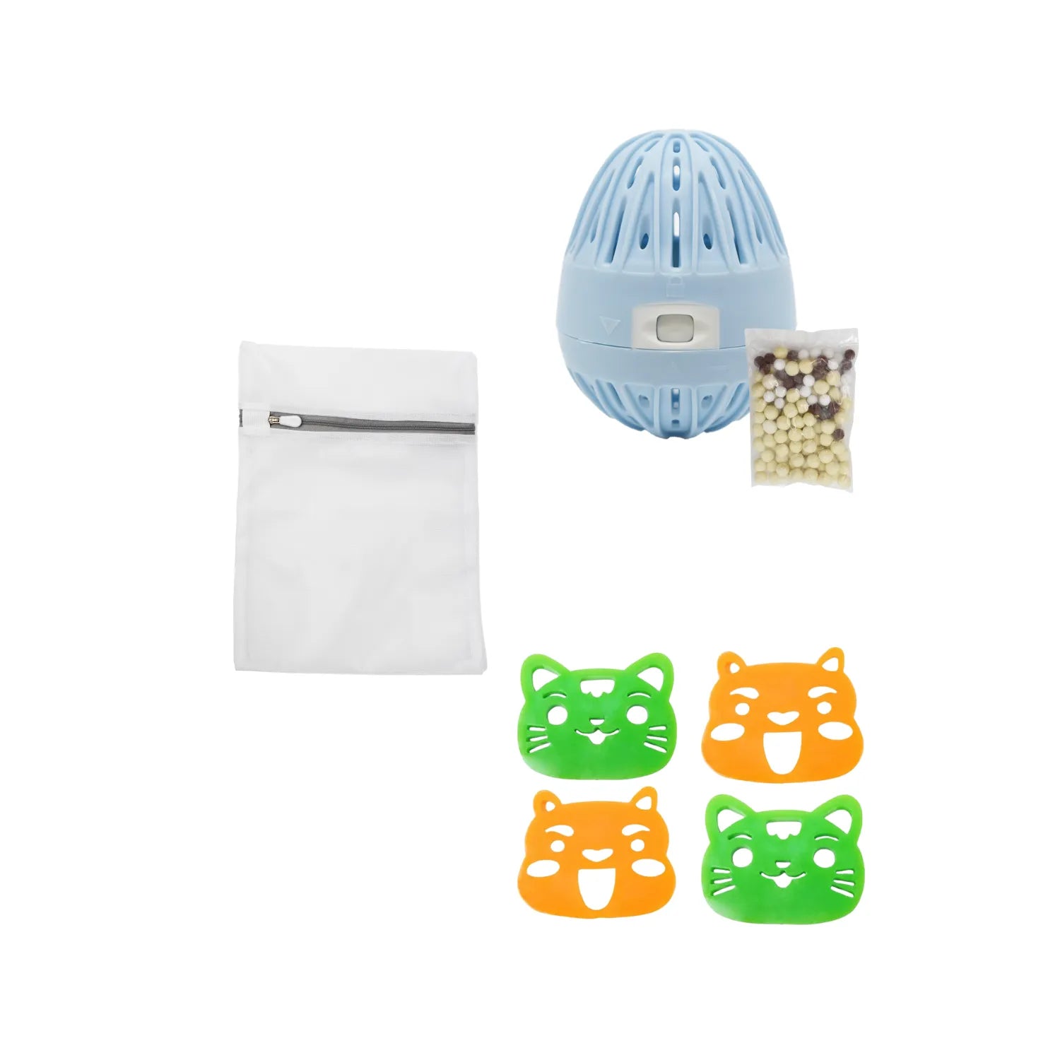 Boule de lavage bleue, filet blanc, 4 attrape-poils verts et orange, recharge neutre, offre trio spéciale maison.