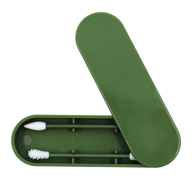 Boîte verte avec 2 cotons-tiges réutilisables, écologique, lavables, pour oreilles et maquillage, zéro déchet.