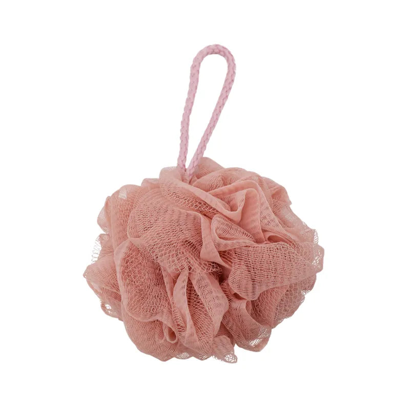 Fleur de douche exfoliante rose en maille synthétique pour peau douce