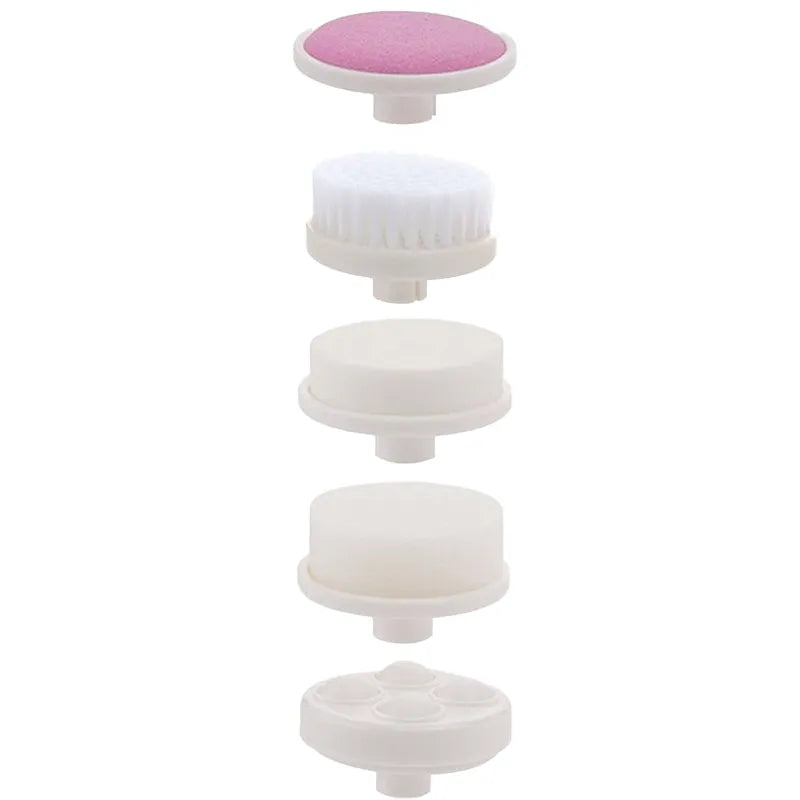 Brosse électrique visage 5 têtes interchangeables: brosse blanche, éponge rose, tête exfoliante, massage et maquillage.