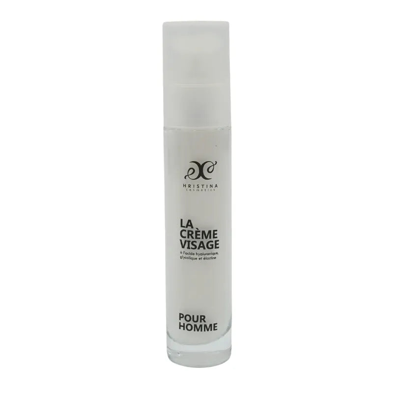 Flacon blanc de crème visage homme hydratante naturelle, acide hyaluronique, effet liftant, design élégant.