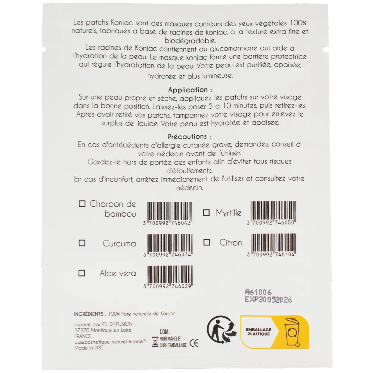 Patchs contours yeux konjac citron hydratants biodégradables apaisants végétaux