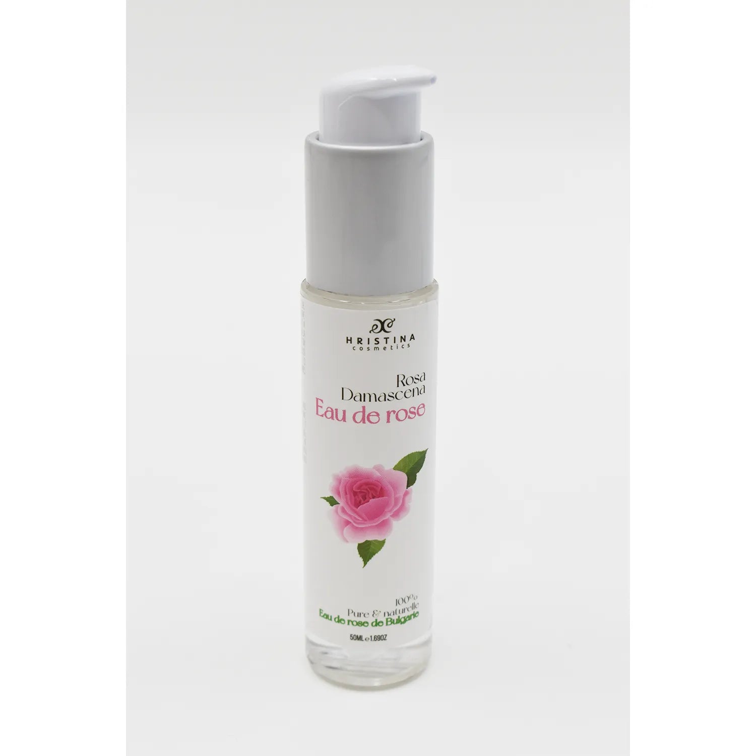 Flacon transparent 50ml d'eau florale rose de Bulgarie, étiquette avec rose, bouchon blanc, pour peau sensible et hydratat...