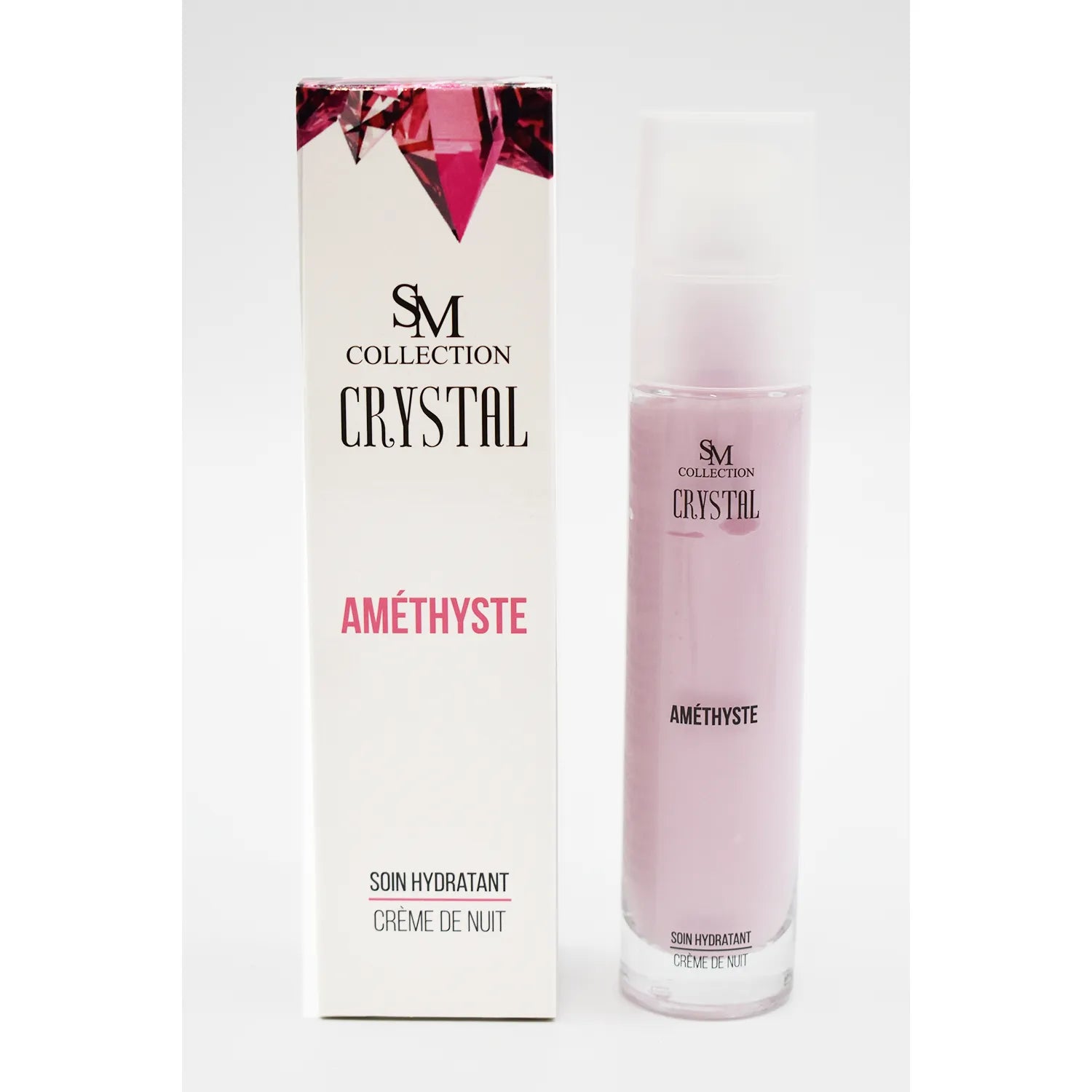Flacon rose de crème de nuit améthyste 50ml, hydratante pour peaux sèches, avec boîte blanche et logo élégant.