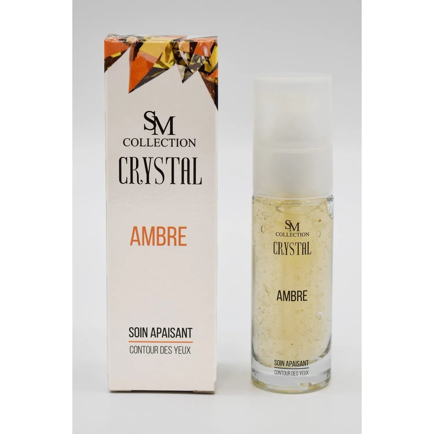 Crème contour yeux ambre naturel 30ml, flacon transparent avec boîte blanche, soin hydratant anti-rougeurs peau sensible.