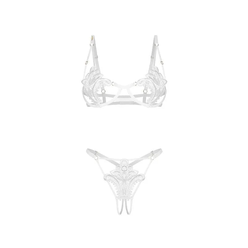 Ensemble lingerie blanc en dentelle avec armatures, string ouvert ajustable, design raffiné et élégant Luise Sublim.