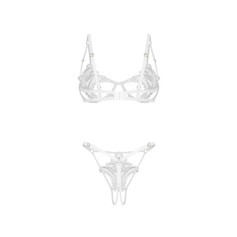 Ensemble lingerie blanc dentelle avec armatures, string ouvert ajustable, design raffiné et élégant, Luise Sublim.