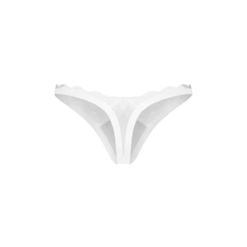 Ensemble lingerie blanc 3 pièces, dentelle mesh semi-transparent, ajustable, élégant et raffiné, vue de face.
