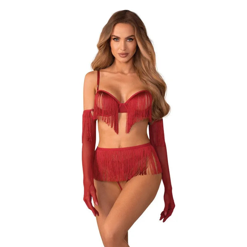 Ensemble lingerie rouge audacieux 4 pièces soutien-gorge ouvert string gants