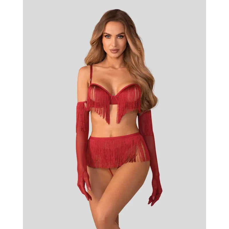 Ensemble lingerie rouge 4 pièces avec soutien-gorge ouvert, string, ceinture et gants longs, élégant et sensuel.