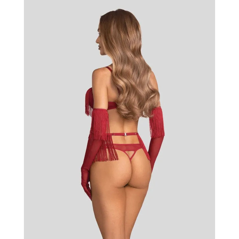 Ensemble lingerie rouge 4 pièces avec soutien-gorge ouvert, string, ceinture délicate et gants longs, vue de dos.