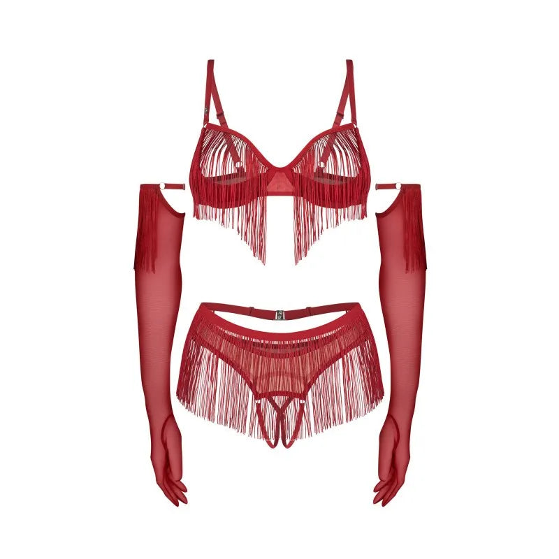 Ensemble lingerie rouge 4 pièces avec soutien-gorge ouvert, string, ceinture et gants longs, style audacieux et élégant.