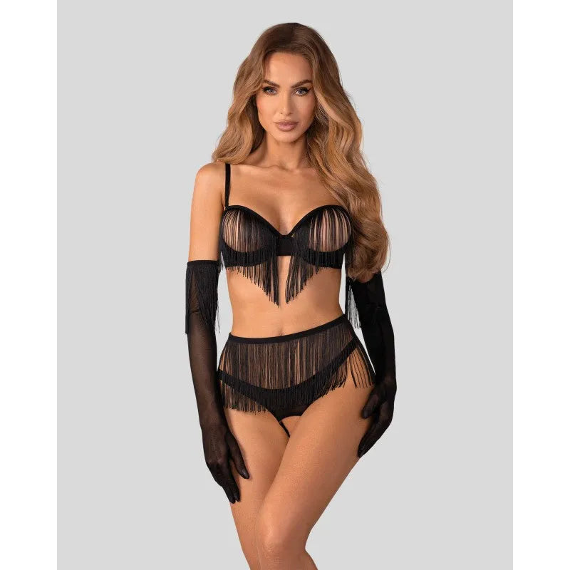 Ensemble lingerie noir avec soutien-gorge et string ouverts, pompons décoratifs, gants longs, style sensuel et élégant.