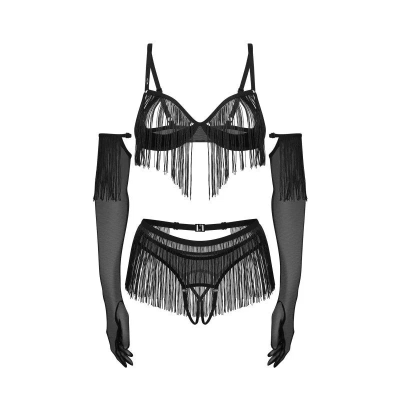 Ensemble lingerie noir sensuel avec soutien-gorge et string ouverts, pompons décoratifs et gants élégants.
