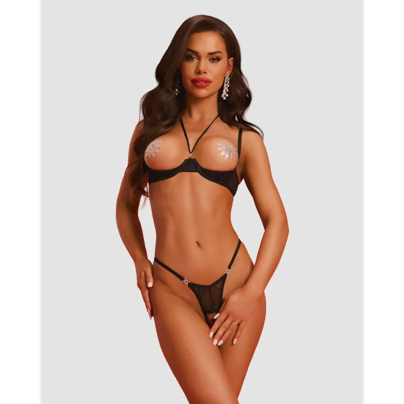 Olianna ensemble lingerie ouvert deux pièces dentelle noire séduisante sans bonnet
