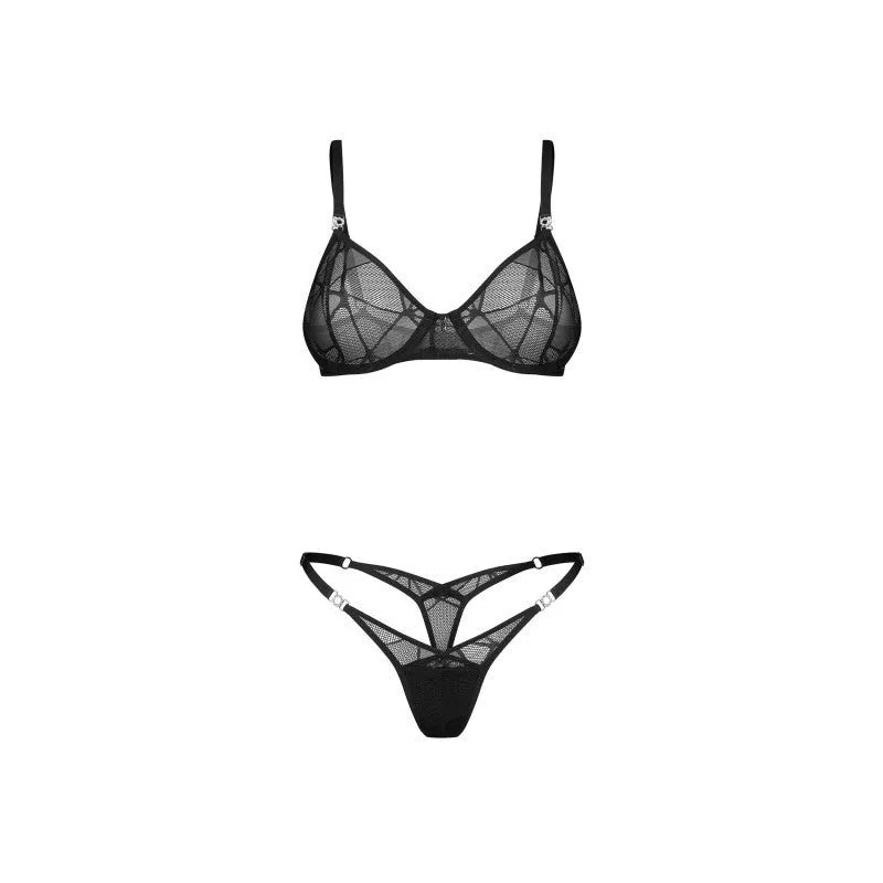 Olianna ensemble lingerie 2 pièces maille transparente dentelle armatures ajustable noir