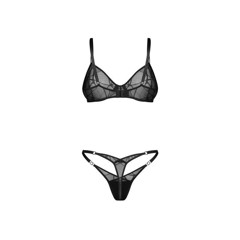 Olianna ensemble lingerie 2 pièces maille transparente dentelle armatures ajustable noir