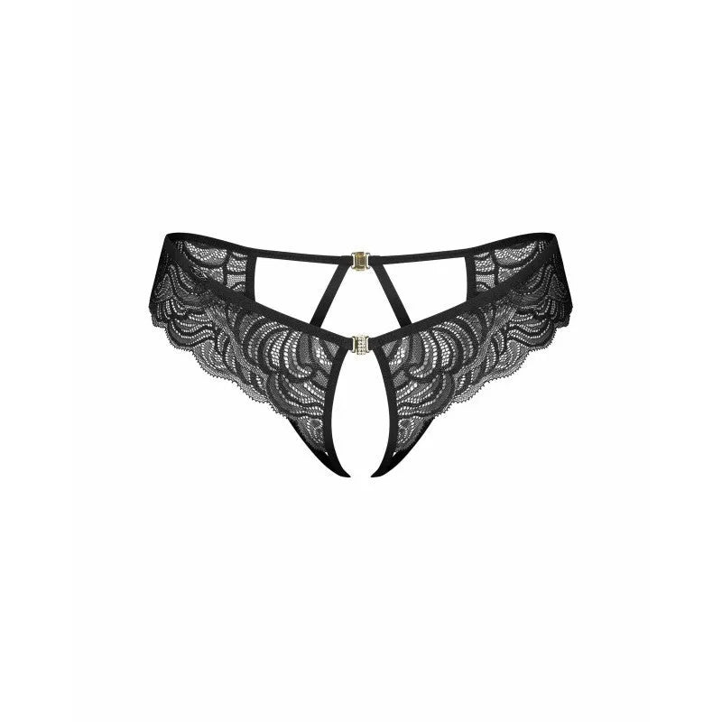String noir ouvert en dentelle avec détails bijoux, design géométrique au dos, mettant en valeur les courbes féminines.