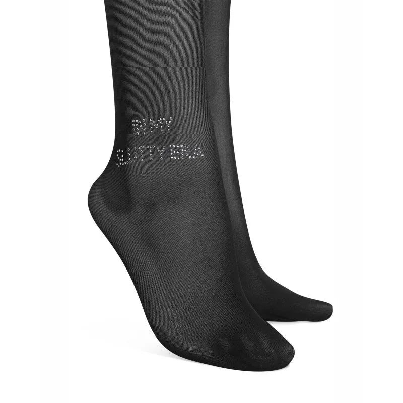 Collants ouverts noirs semi-transparents avec lettrage audacieux et ceinture confortable, style et confort assurés.