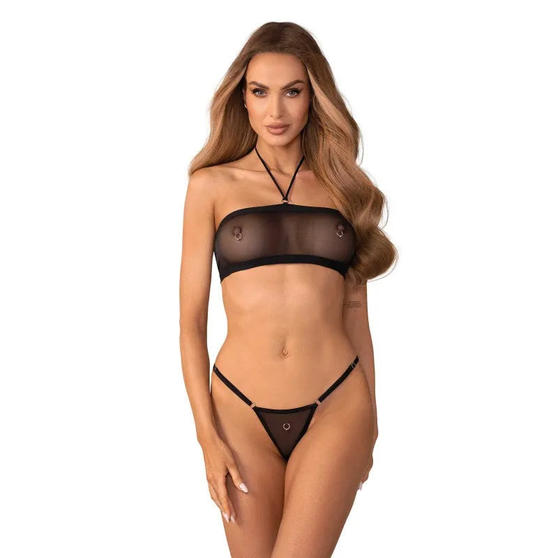 Ensemble lingerie maille recyclée noir anneaux métal sensuel moderne