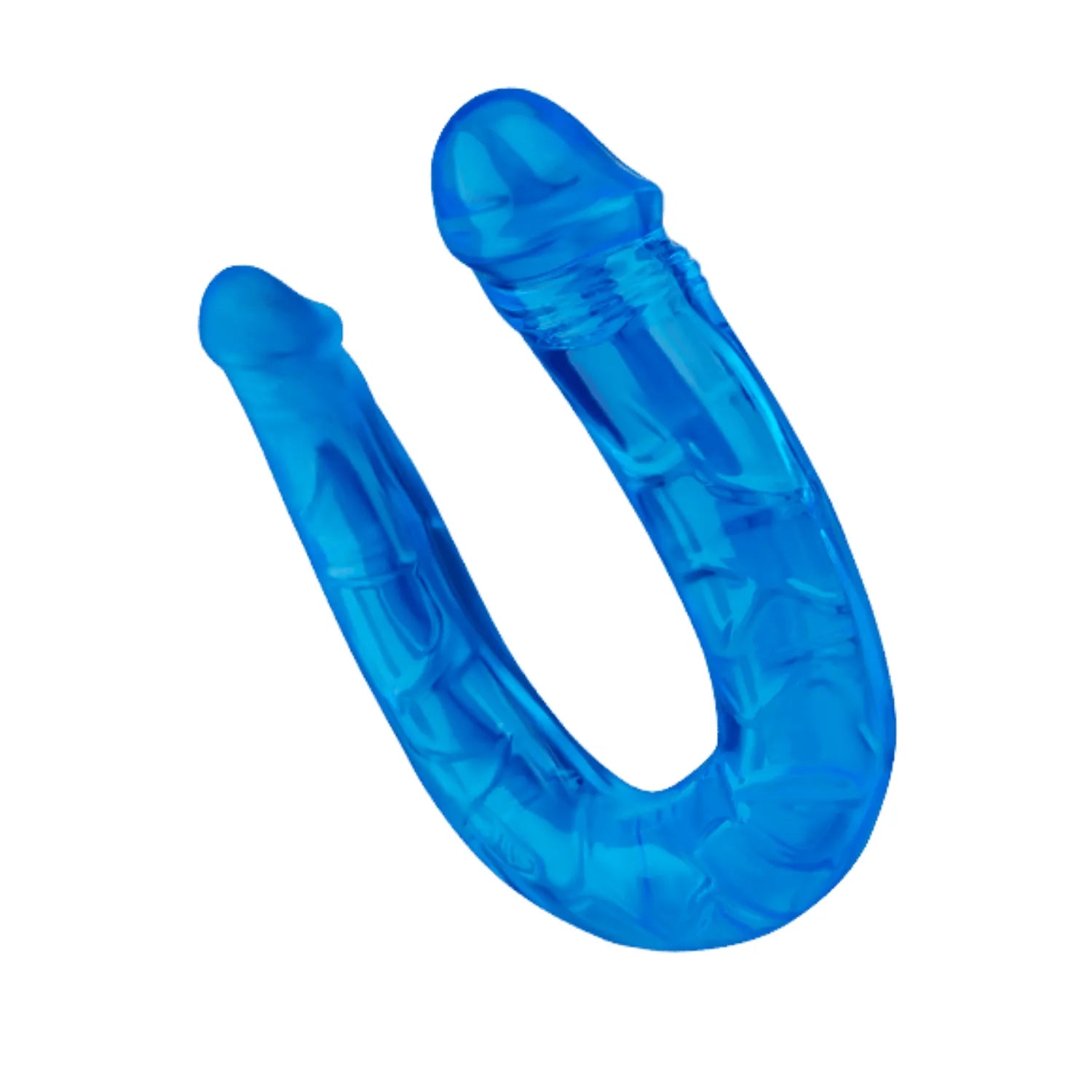 Double dong flexible bleu en TPE avec extrémités réalistes, adapté pour exploration solo ou duo, compact et discret.